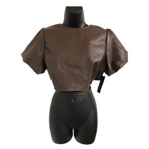 Kirious brown faux leather puffy balloon sleeves open back cropped string tie